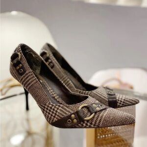 Y2K Brown Tweed Pointy Toe High Heel Shoes with Buckle